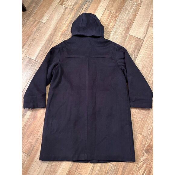 LL Bean Vintage Duffle Coat Womens Navy Blue Lambs Wool Hooded Lined Large - Picture 2 of 13